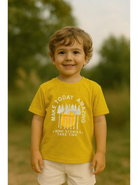 Luess Erkek Çocuk %100 Pamuklu Baskılı Kısa Kollu Tişört - Sarı (3-4 Yaş 8-9 Yaş) - S000406707-20072