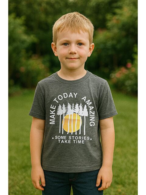 Luess Erkek Çocuk %100 Pamuklu Baskılı Kısa Kollu Tişört - Antrasit (3-4 Yaş 8-9 Yaş) - S000406710-29666