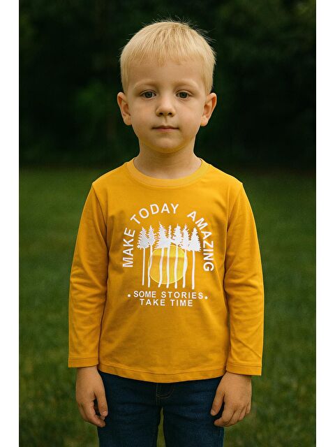 Luess Erkek Çocuk %100 Pamuk Baskılı Uzun Kollu Tişört - Hardal (3-4 Yaş 8-9 Yaş) - S000406709-20074