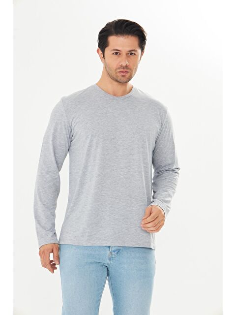 TRENDHILL Erkek Pamuklu V Yaka Uzun Kollu Tişört Gri Melanj 5021-G - S000527315-74