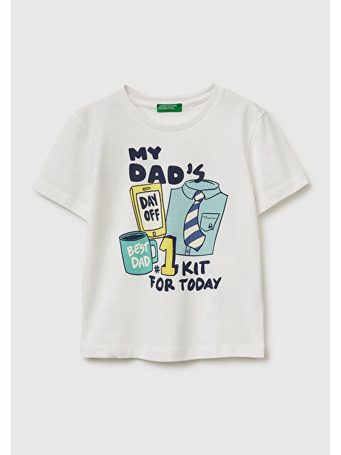 United Colors Of Benetton Erkek Çocuk Beyaz Çok Renkli Baskılı Bisiklet Yaka T-Shirt