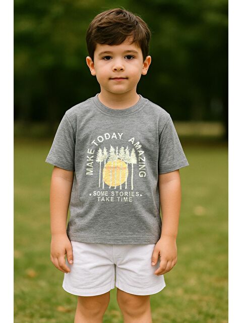 Luess Erkek Çocuk %100 Pamuklu Baskılı Kısa Kollu Tişört - Gri (3-4 Yaş 8-9 Yaş) - S000406712-20600