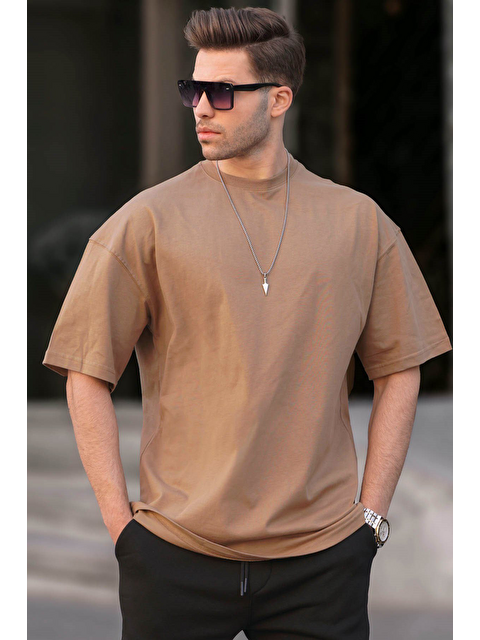 Madmext Erkek Vizon Oversize Fit Basic Tişört 6066