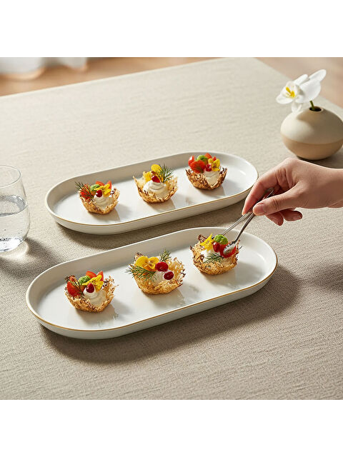 GÜRAL PORSELEN Bilbao 2 Parça 30x16 Cm Kayık Tabak Mat Altın File - S000526805-37646