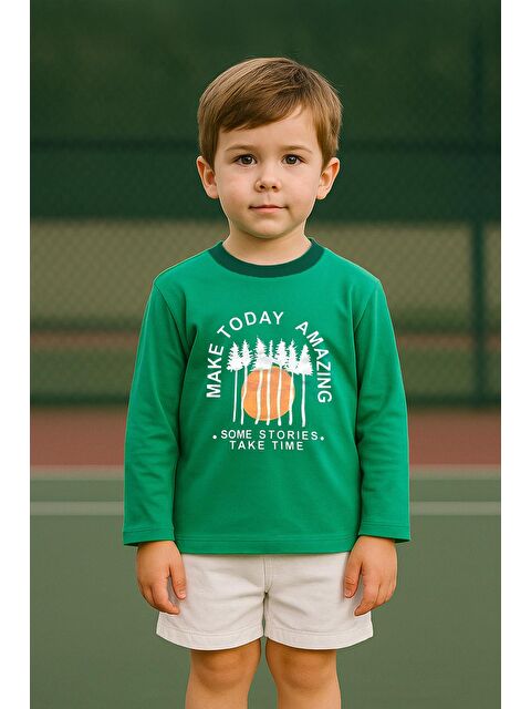 Luess Erkek Çocuk %100 Pamuk Baskılı Uzun Kollu Tişört - Yeşil (3-4 Yaş 8-9 Yaş) - S000406714-18194
