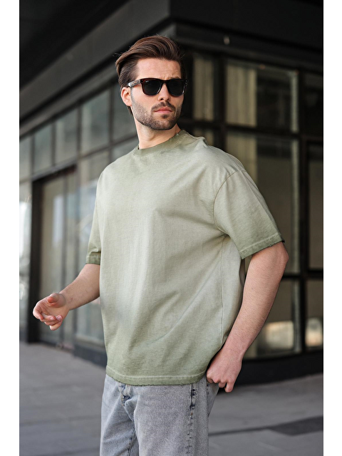 Madmext Haki %100 Pamuklu Bisiklet Yaka Oversize Erkek Tişört E7177