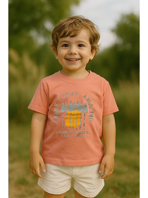 Luess Erkek Çocuk %100 Pamuklu Baskılı Kısa Kollu Tişört - Somon (3-4 Yaş 8-9 Yaş) - S000406715-24085