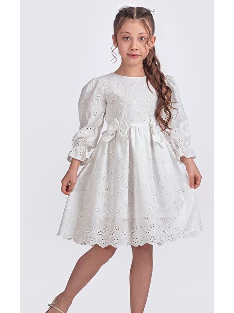 Pina Kids Kız Çocuk Lastikli Uzun Kollu Güpürlü Kurdelalı Elbise ELB2674