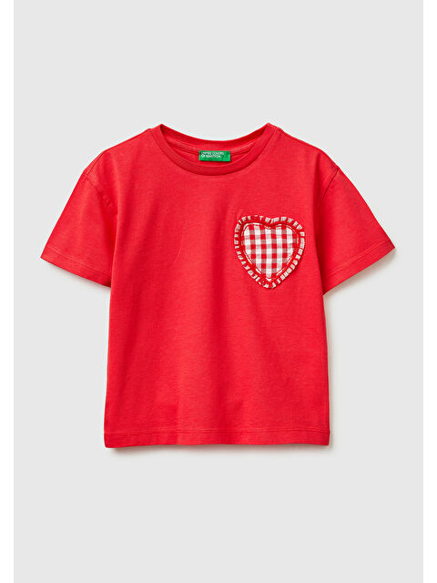 United Colors Of Benetton Kız Çocuk Kırmızı Aplike İşlemeli Kısa Kollu Bisiklet Yaka T-Shirt