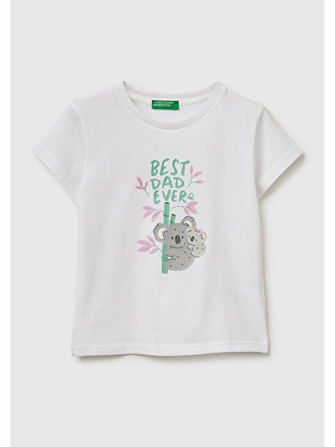 United Colors Of Benetton Kız Çocuk Ekru Simli Su Bazlı Baskılı Bisiklet Yaka T-Shirt