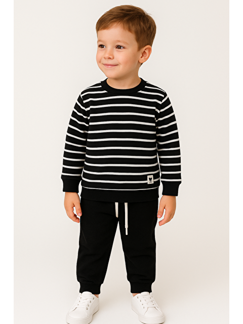 Zepkids Bisiklet Yaka Çizgi Desenli Siyah Renk Erkek Çocuk Eşofman Takım - S000482662-19351