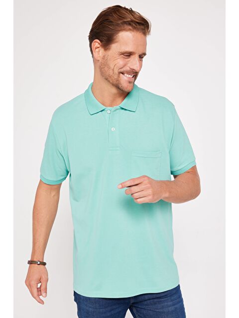 TUDORS Erkek Klasik Fit Rahat Kesim %100 Pamuk Düz Pike Mint Polo Yaka Tişört