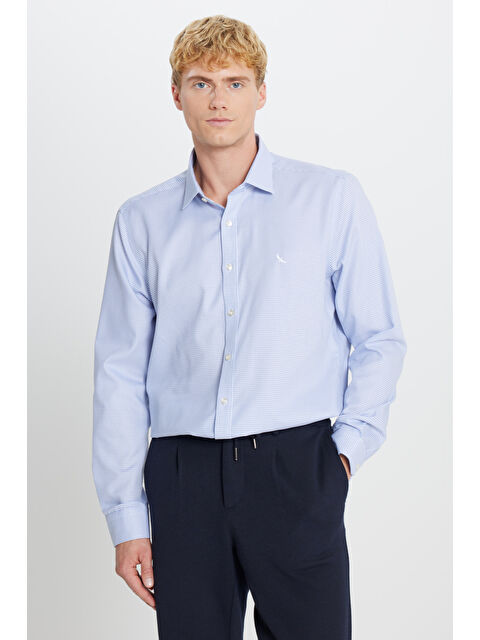 AC&Co / Altınyıldız Classics Erkek Mavi-Gri Ütü Gerektirmeyen %100 Pamuk Slim Fit Klasik Yaka Armürlü Gömlek