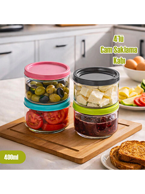 Porsima Lapis Düz 4lü Hava Geçirmez Cam Kahvaltılık Seti Renkli Kapaklı Saklama Kabı 400ml