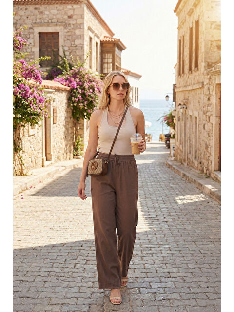 Lela Pamuklu Belden Bağlamalı Yüksek Bel Geniş Paça Cepli Regular Fit Kadın Pantolon 668YP4760 - S000177227-19413