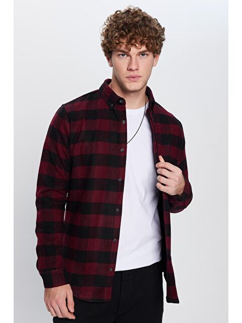 TUDORS Erkek Slim Fit Dar Kesim Oduncu Düğmeli Yaka Kareli Kışlık Gömlek - S000323318-23173