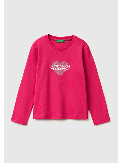 United Colors Of Benetton Kız Çocuk Koyu Pembe Simli Renkli Grafik Baskılı Yuvarlak Yaka Uzun Kollu T-Shirt