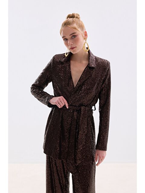 SATEEN Kuşaklı Payet Ceket - Kahve - S000323600-19413