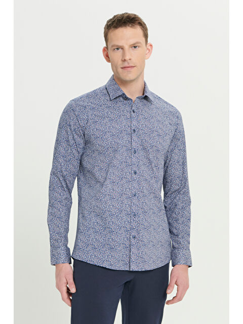AC&Co / Altınyıldız Classics Erkek Mavi-Beyaz Pamuklu Slim Fit Dar Kesim Klasik Yaka Baskılı Gömlek
