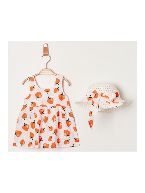 Chicsy Baby Tatlı Çilek Desenli Şapkalı Fiyonklu Kız Bebek Elbisesi