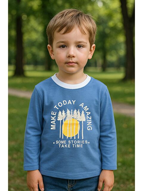 Luess Erkek Çocuk %100 Pamuk Baskılı Uzun Kollu Tişört - Mavi (3-4 Yaş 8-9 Yaş) - S000406720-17234