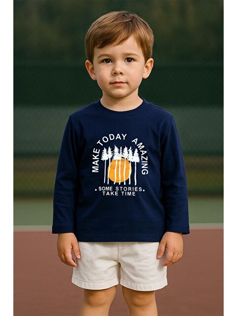 Luess Erkek Çocuk %100 Pamuk Baskılı Uzun Kollu Tişört - Lacivert (3-4 Yaş 8-9 Yaş) - S000406723-21164