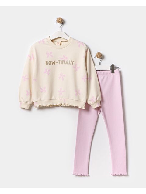 Magu Kız Çocuk Pamuklu Krem Bow-Tiful Baskılı Sweatshirt Ve Pembe Tayt Takım - S000421091-23173