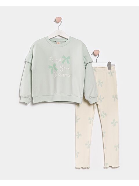 Magu Kız Çocuk Pamuklu Mint Follow Your Dreams Sweatshirt Ve Fiyonklu Tayt Takım - S000421092-18194