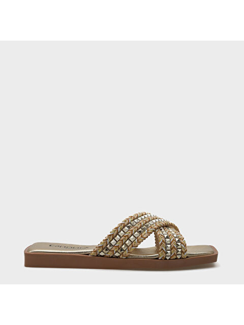 Capone Outfitters Kyla Düz Topuklu Küt Burunlu Metal Aksesuarlı Çapraz Bantlı Hasır Kadın Terlik - S000530376-20076