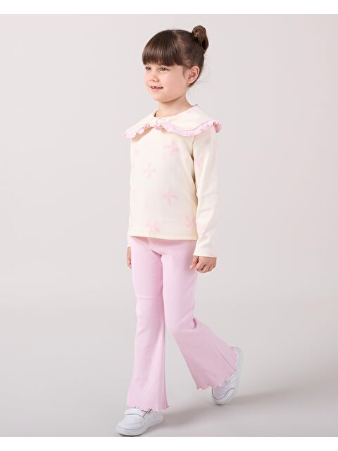 Magu Kız Çocuk Pamuklu Lila Fiyonklu Volan Yaka Sweatshirt Ve İspanyol Paça Pantolon Takım - S000421095-20024