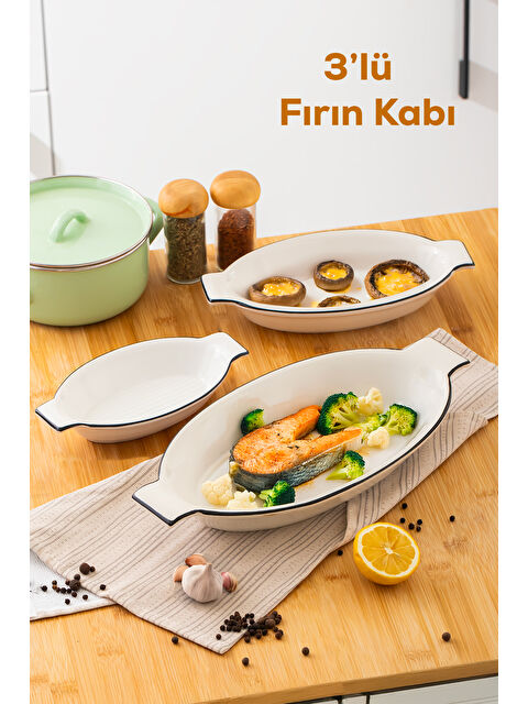 Porsima 085 Oval 3'lü Fırın Kabı Servis Kabı Oval Sunumluk Tepsi ,Çerezlik Tabak Beyaz - S000379764-37246