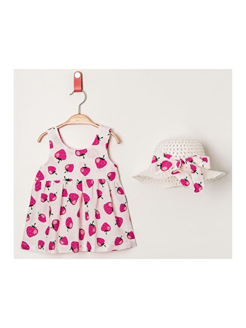 Chicsy Baby Tatlı Çilek Desenli Şapkalı Fiyonklu Kız Bebek Elbisesi