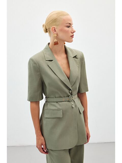 SATEEN Kısa Kollu Kemerli Ceket - Haki - S000433691-18547