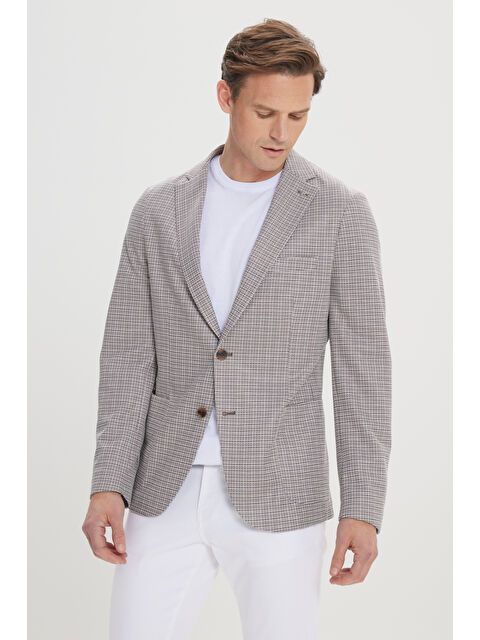 Altınyıldız Classics Erkek Kahve-Bej Slim Fit Dar Kesim Mono Yaka Desenli Blazer Ceket
