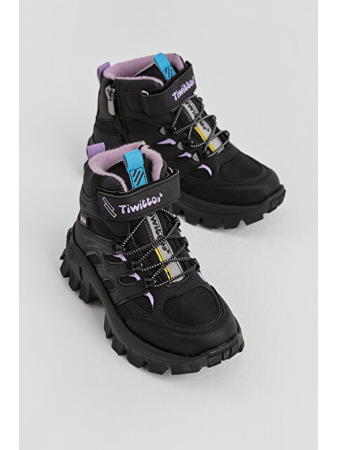 TONNY BLACK Çocuk Unisex Siyah Lila Kalın Kauçuk Taban Lastik Bağcıklı Cırtlı Outdoor Trekking Bot - S000493930-37439