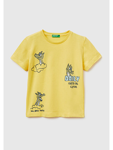 United Colors Of Benetton Erkek Çocuk Sarı Çok Renkli Baskılı Bisiklet Yaka T-Shirt