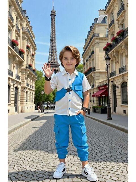 Riccotarz Erkek Çocuk Gabardin Gömlek ve Kemerli Yelek Kargo Cepli Pantolon Mavi Alt Üst Takım - S000527319-17234