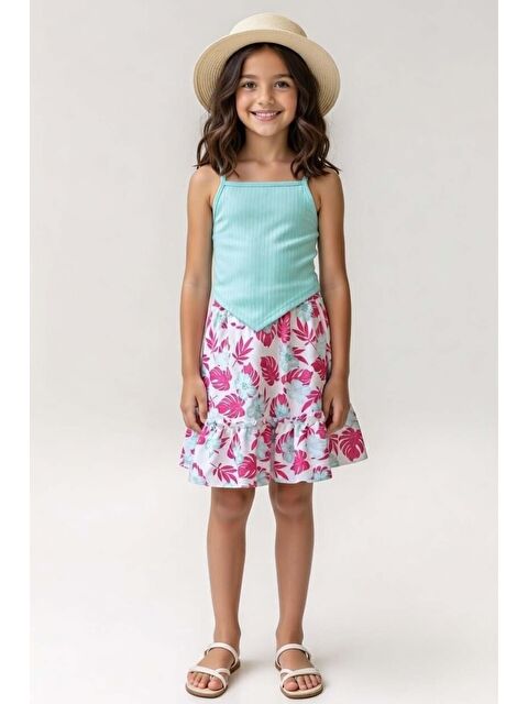 Riccotarz Kız Çocuk İp Askılı Kolsuz Kaşkorse Crop, Fuşya Yaprak Baskılı Etekli Takım - S000527318-18686