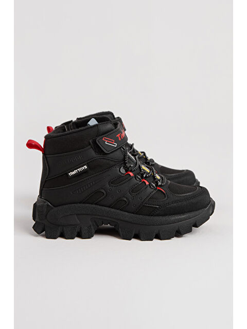 TONNY BLACK Çocuk Unisex Siyah Kırmızı Kalın Kauçuk Taban Lastik Bağcıklı Cırtlı Outdoor Trekking Bot - S000493930-37434