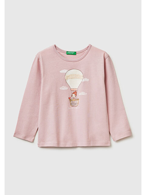 United Colors Of Benetton Kız Çocuk Gül Kurusu Baskılı Uzun Kollu Bisiklet Yaka T-Shirt