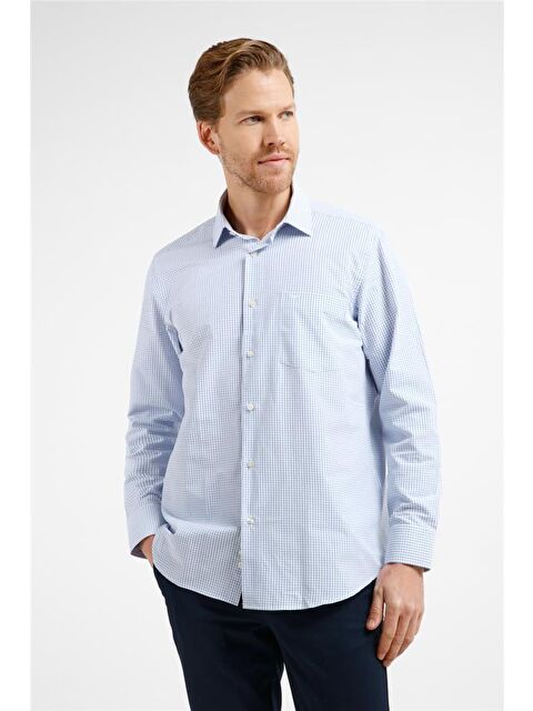 İMZA Beyaz - Mavi Kareli Desen Sert Yaka Uzun Kol Cepli Comfort Fit Pamuklu Gömlek 1004255209 - S000505537-37234