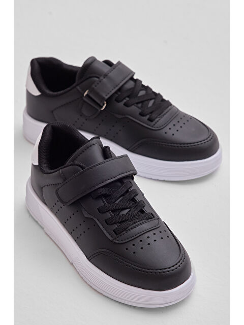 TONNY BLACK Çocuk Unisex Siyah Beyaz Faylon Hafif Taban Bağcıklı Günlük Spor Ayakkabı - S000493937-37424