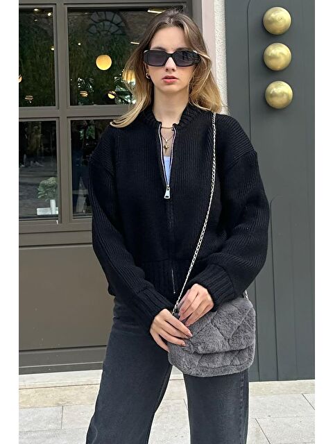 Madmext Siyah Fermuarlı Uzun Kollu Triko Hırka Mg2061 - S000294400-19351