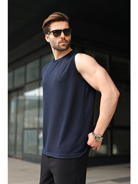 Madmext Lacivert Bisiklet Yaka Jakarlı Kolsuz Erkek Tişört E7180