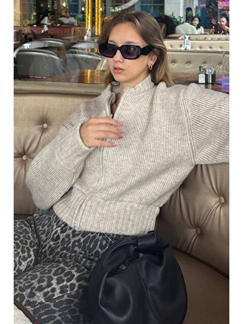 Madmext Bej Fermuarlı Uzun Kollu Triko Hırka Mg2061 - S000294400-19928