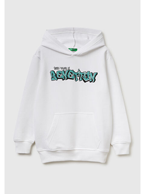 United Colors Of Benetton Erkek Çocuk Beyaz Önü Logo Baskılı Kanguru Cepli Kapüşonlu Sweatshirt