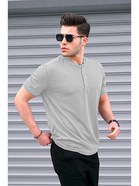 Madmext Boyalı Gri Düğmeli Triko Erkek Tişört 5842