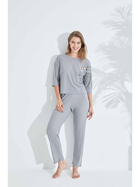Siyah İnci Gri Soft Touch İnce Örme Nakışlı Pijama Takım - S000215750-20600