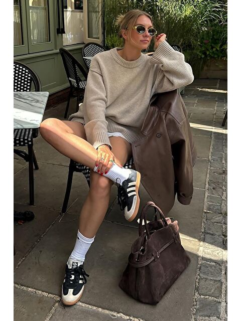 Madmext Bej Bisiklet Yaka Oversize Triko Kazak Mg1972 - S000127733-19928