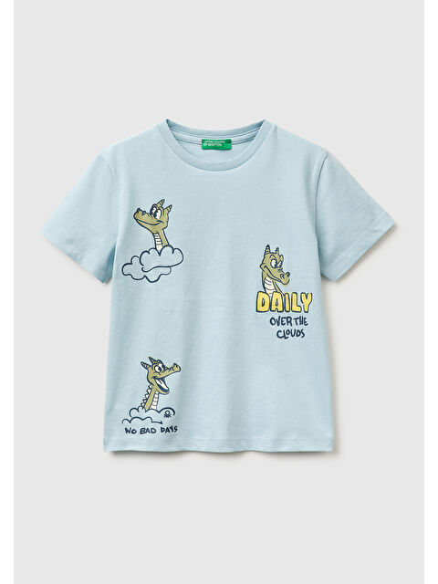 United Colors Of Benetton Erkek Çocuk Buz Mavisi Çok Renkli Baskılı Bisiklet Yaka T-Shirt